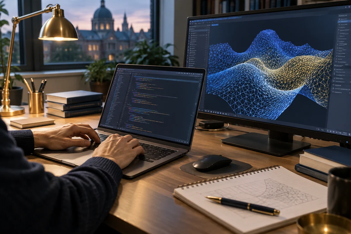 Scientific coding and a computational simulation mesh on a monitor
