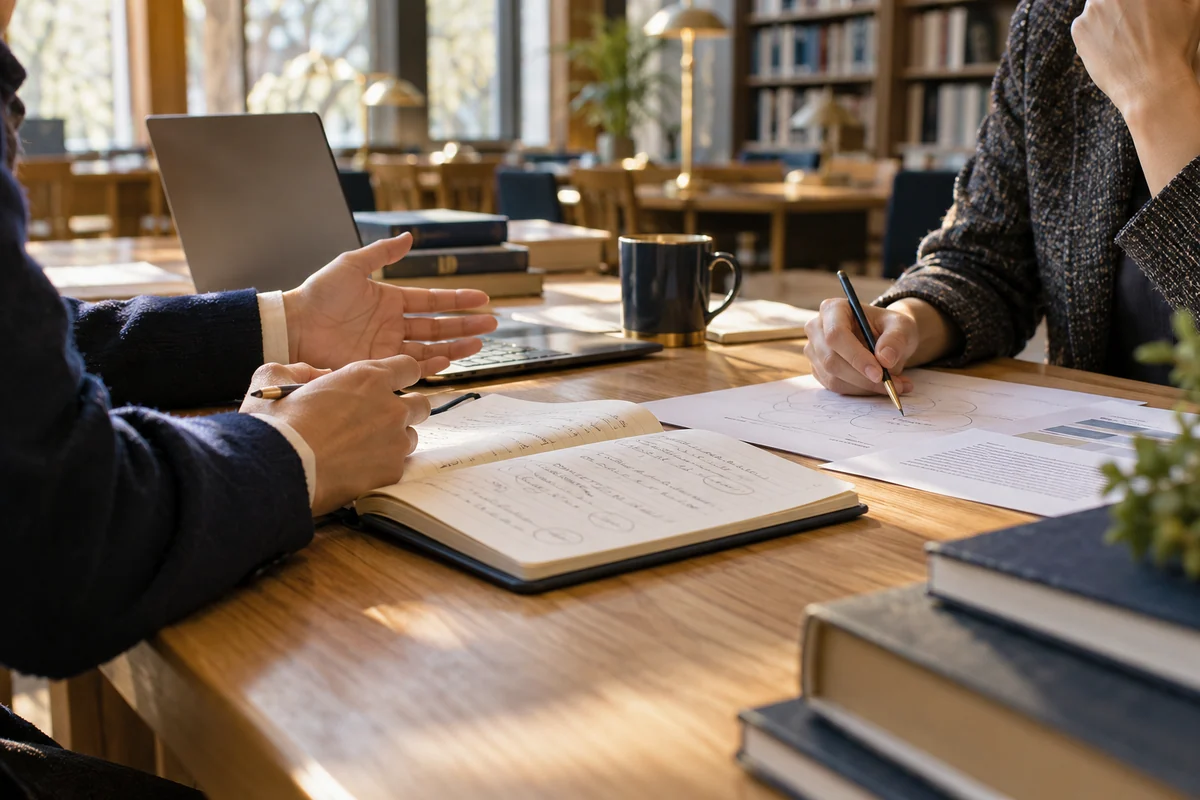 باحثون يناقشون ملاحظات مقترح البحث في مكتبة جامعية