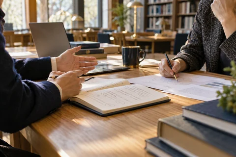 باحثون يناقشون ملاحظات مقترح البحث في مكتبة جامعية